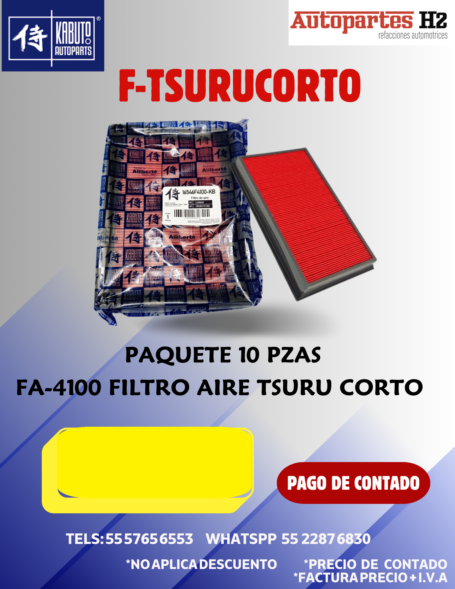 PQ 10 FILTRO AIRE TSURU CORTO KABUTO CONTADO